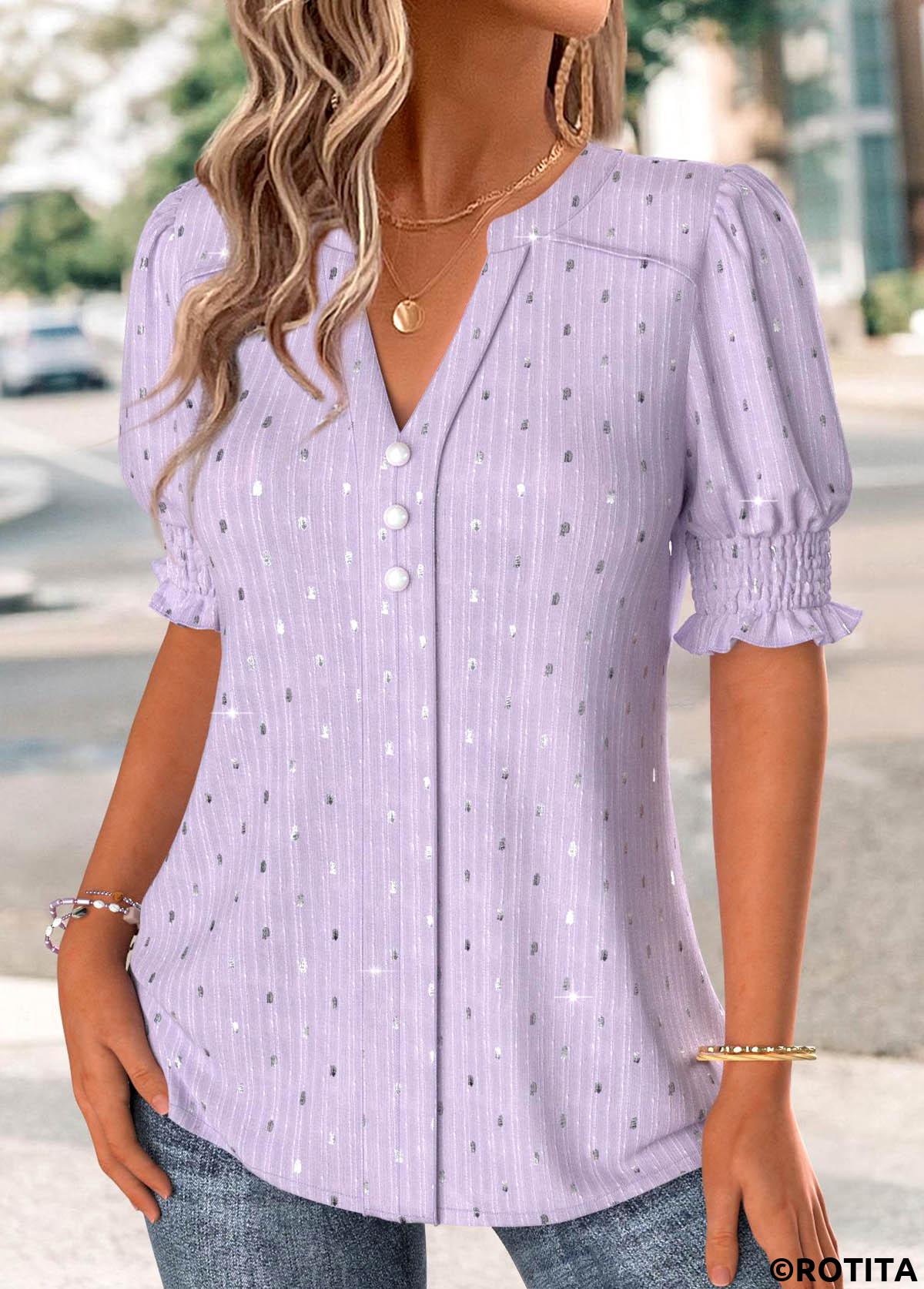 Light Purple tops,Plain Color tops,ROTITA Light Purple Split Neck Short Sleeve Blouse