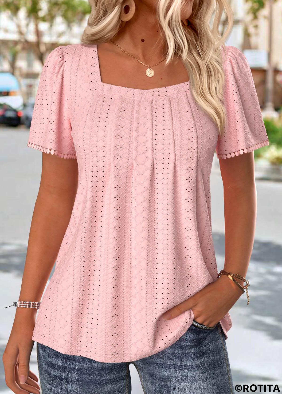 Light Pink tops,Plain Color tops,ROTITA Light Pink Square Neck Short Sleeve T Shirt