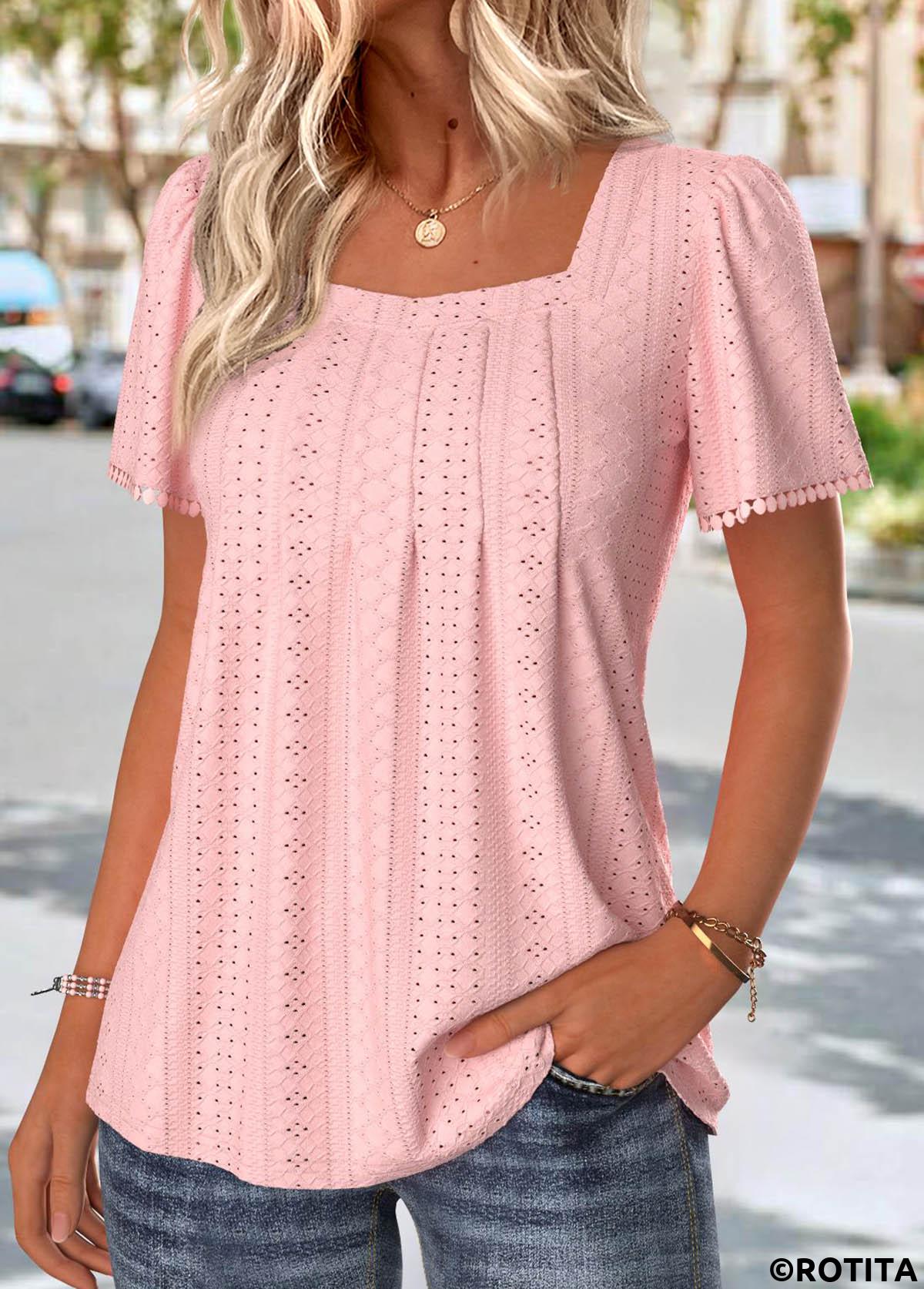 Light Pink tops,Plain Color tops,ROTITA Light Pink Square Neck Short Sleeve T Shirt