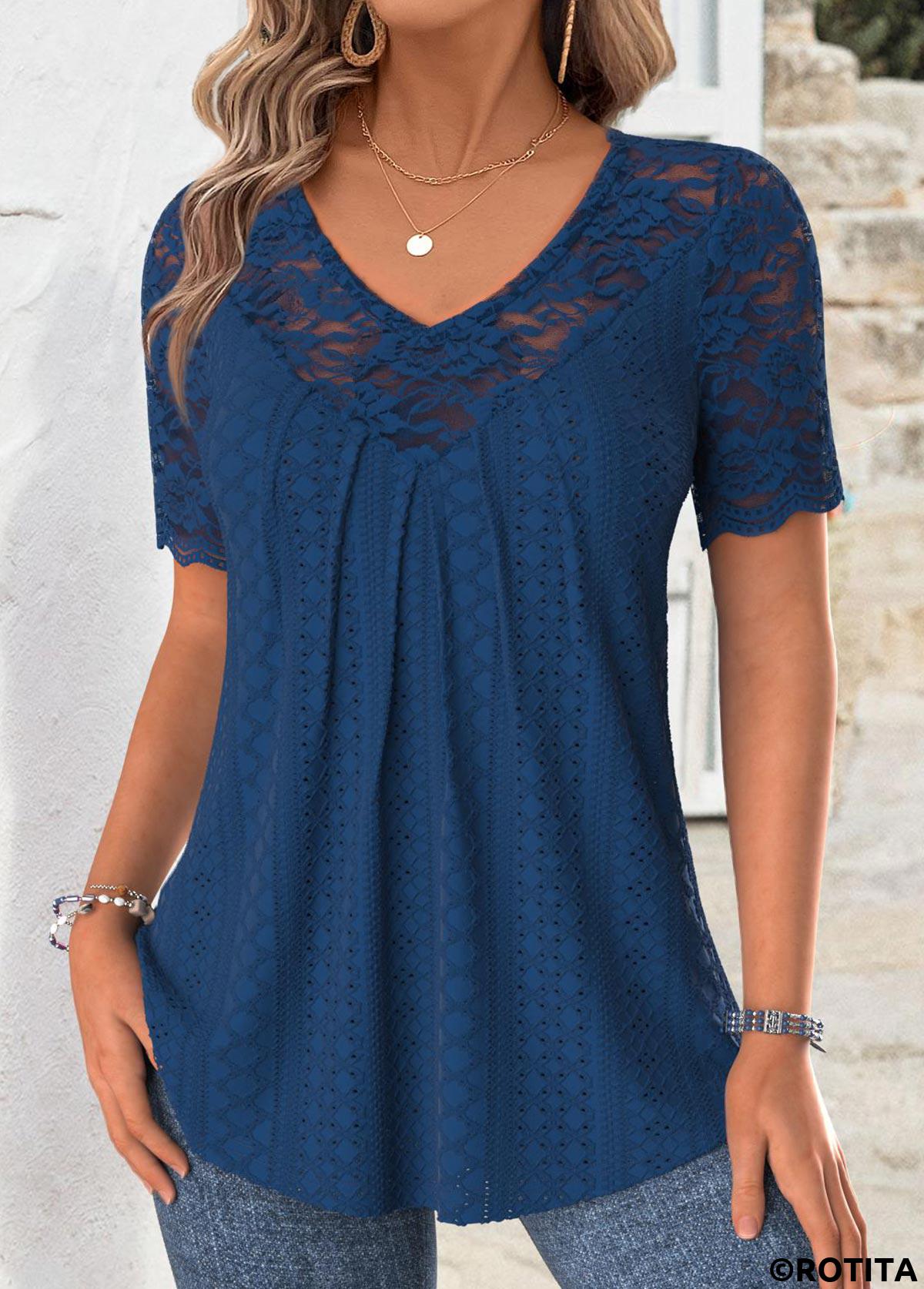 Navy tops,Plain Color tops,ROTITA Navy V Neck Short Sleeve T Shirt