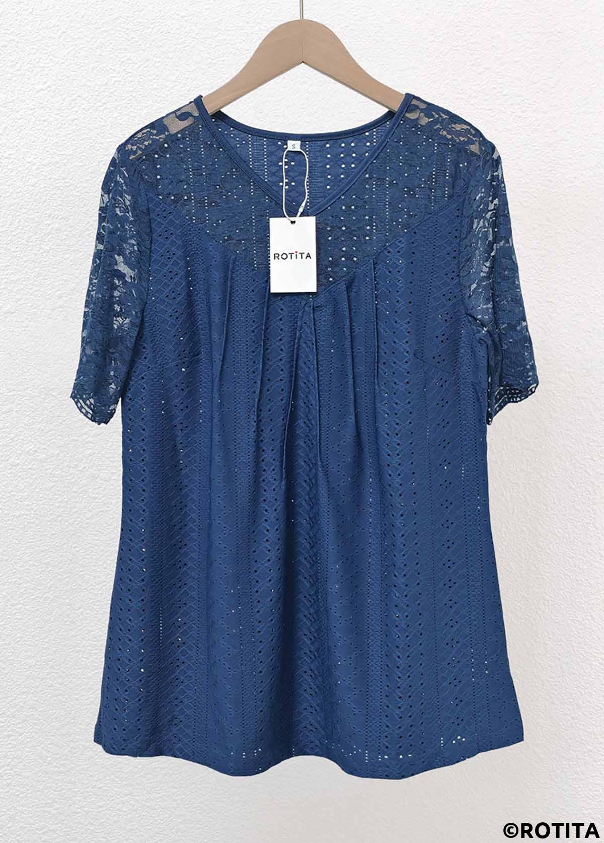 Navy tops,Plain Color tops,ROTITA Navy V Neck Short Sleeve T Shirt