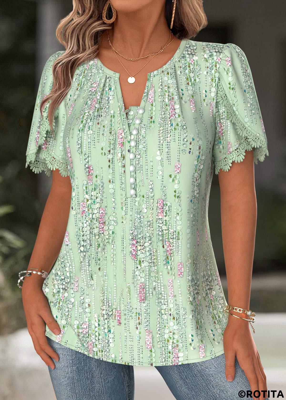 Light Green tops,Geometric tops,ROTITA Geometric Print Light Green Split Neck Short Sleeve Blouse