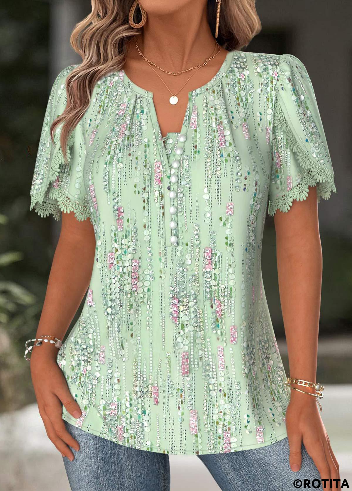Light Green tops,Geometric tops,ROTITA Geometric Print Light Green Split Neck Short Sleeve Blouse