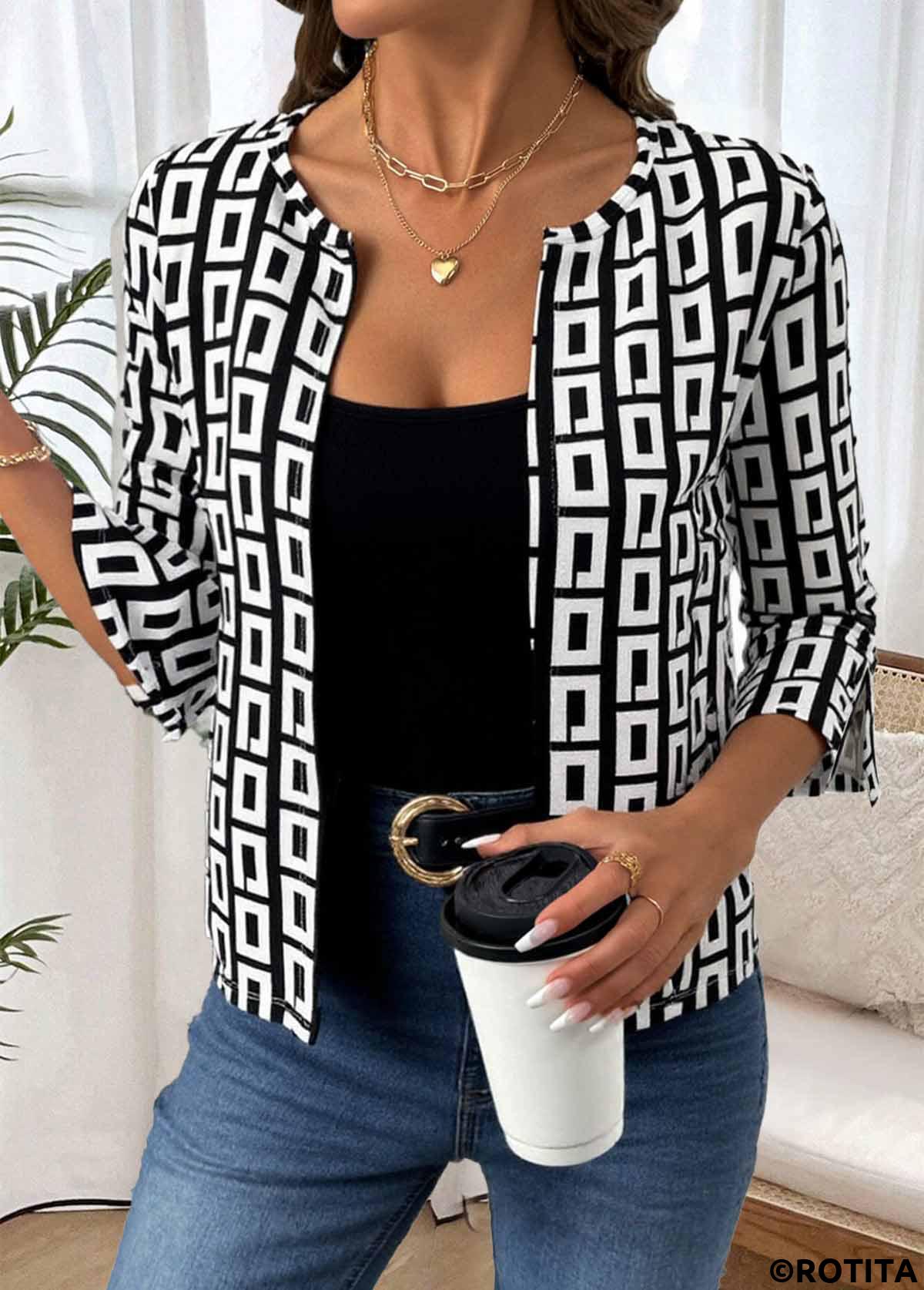 Black tops,Geometric tops,ROTITA Geometric Print Black 3/4 Sleeve Coat