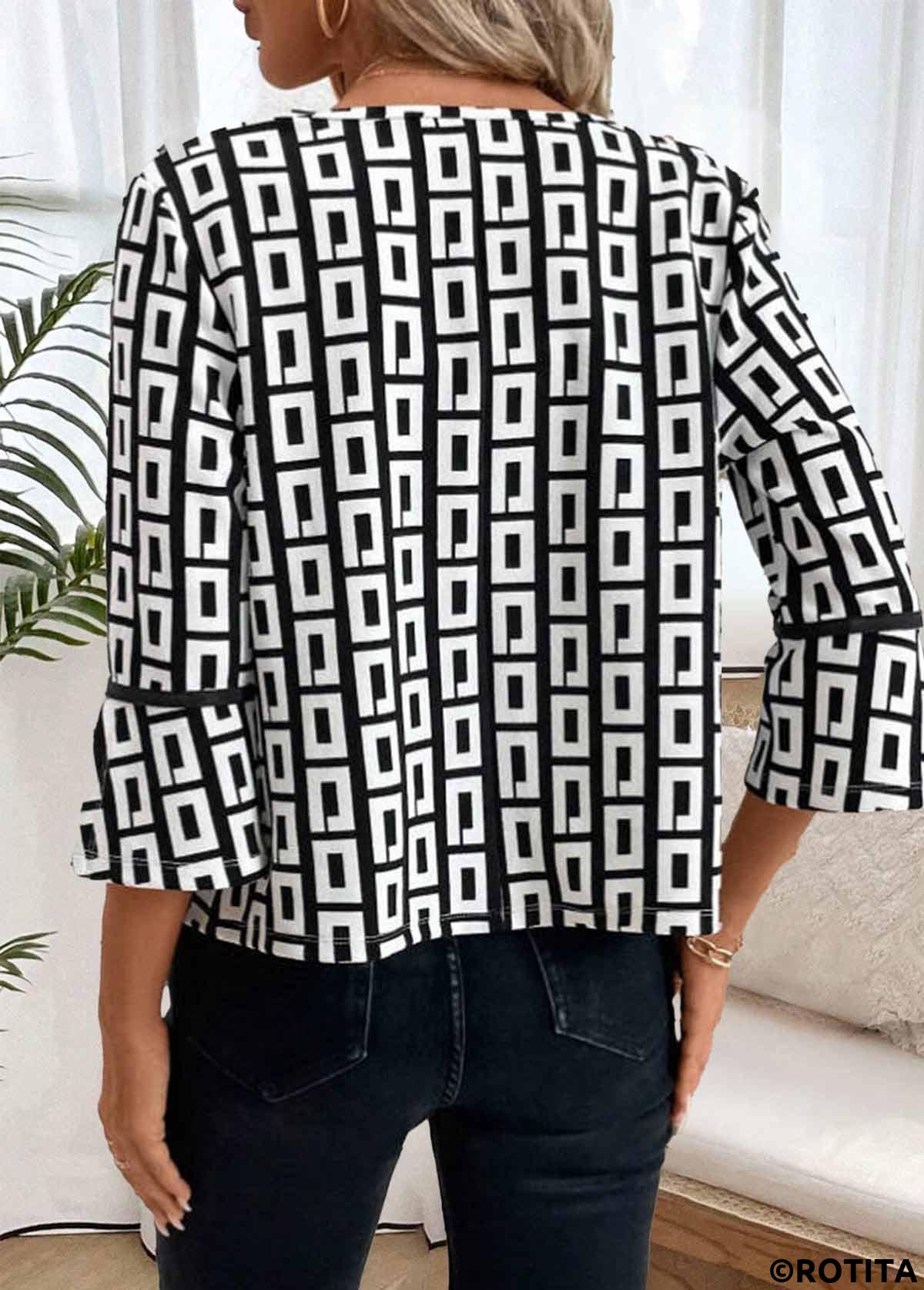 Black tops,Geometric tops,ROTITA Geometric Print Black 3/4 Sleeve Coat