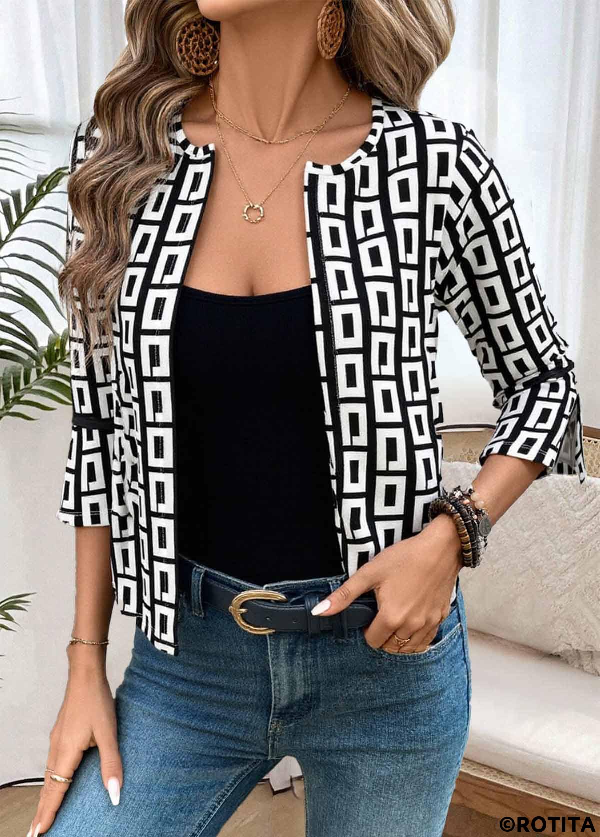 Black tops,Geometric tops,ROTITA Geometric Print Black 3/4 Sleeve Coat
