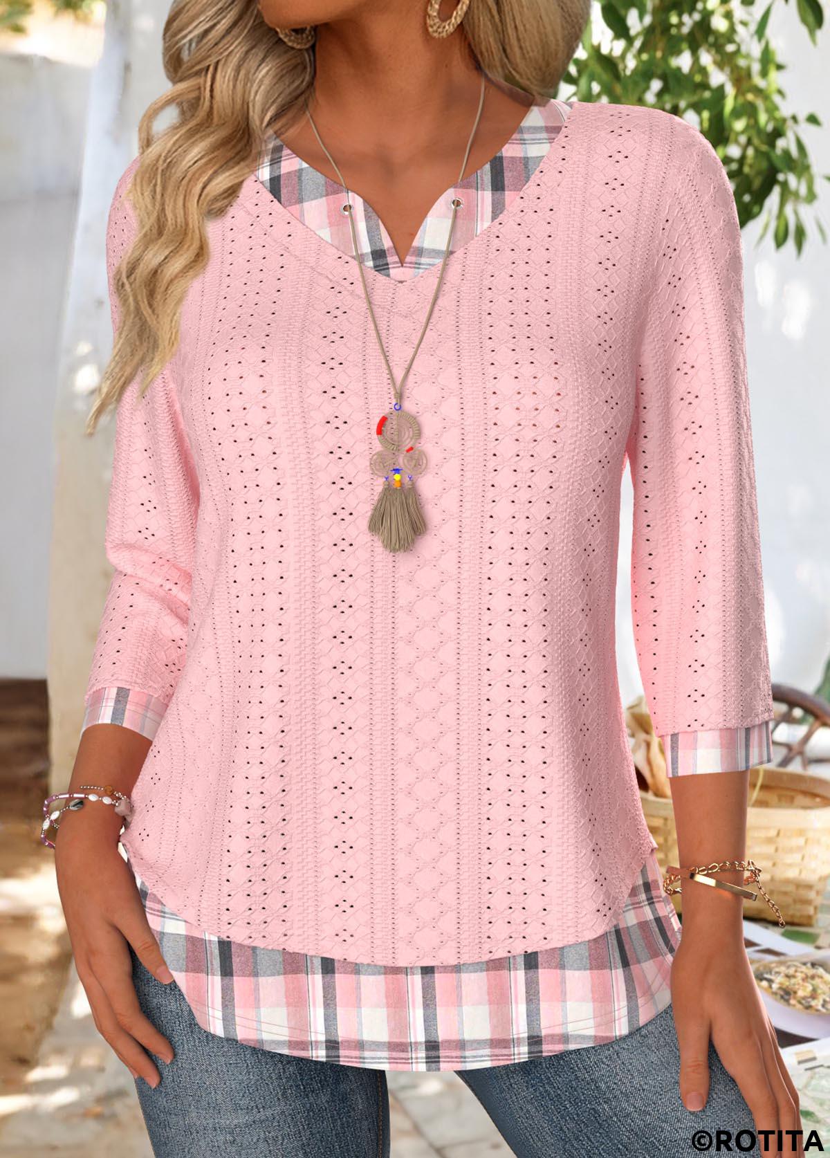 Light Pink tops,Plaid tops,Geometric tops,ROTITA Plaid Light Pink Split Neck 3/4 Sleeve T Shirt