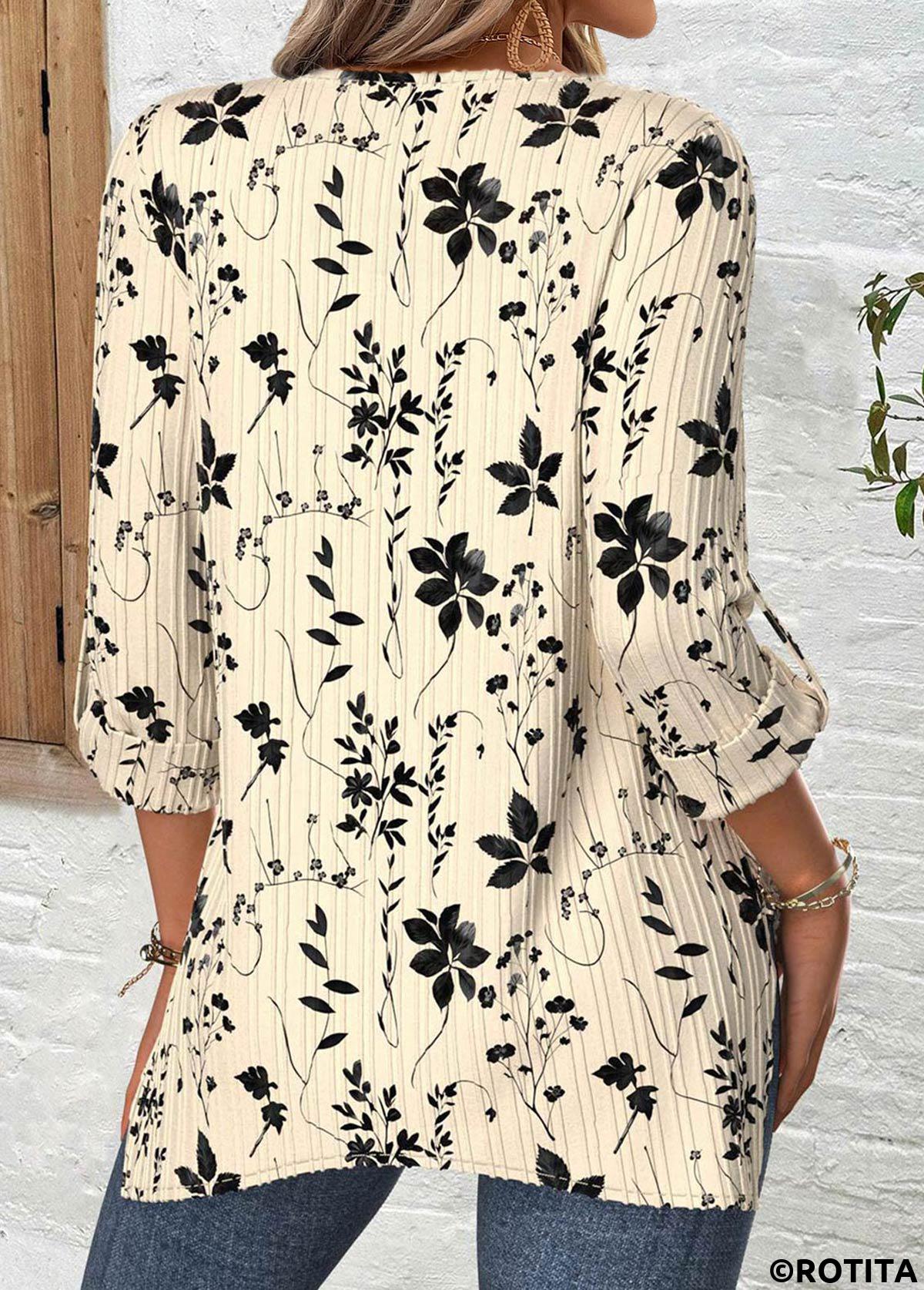 Beige tops,Floral tops,Plants tops,ROTITA Floral Print Beige Round Neck Long Sleeve Blouse
