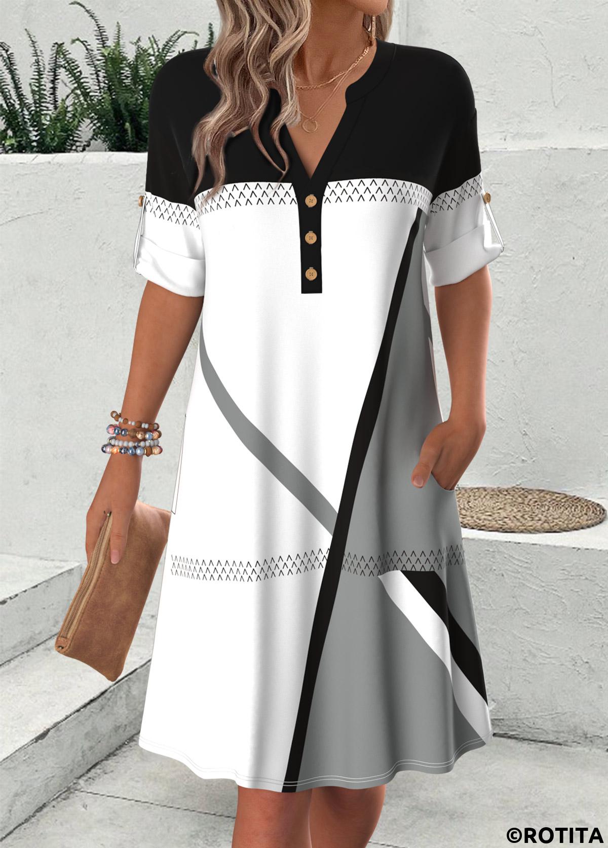Multi Color dresses,Geometric dresses,Everyday dresses,Casual dresses,ROTITA Geometric Print Multi Color Split Neck Short Sleeve Dress