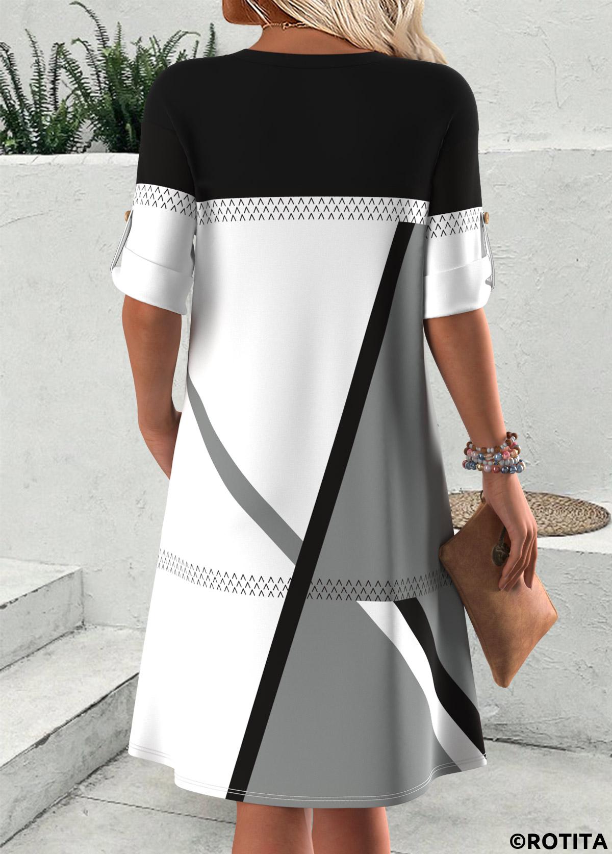 Multi Color dresses,Geometric dresses,Everyday dresses,Casual dresses,ROTITA Geometric Print Multi Color Split Neck Short Sleeve Dress