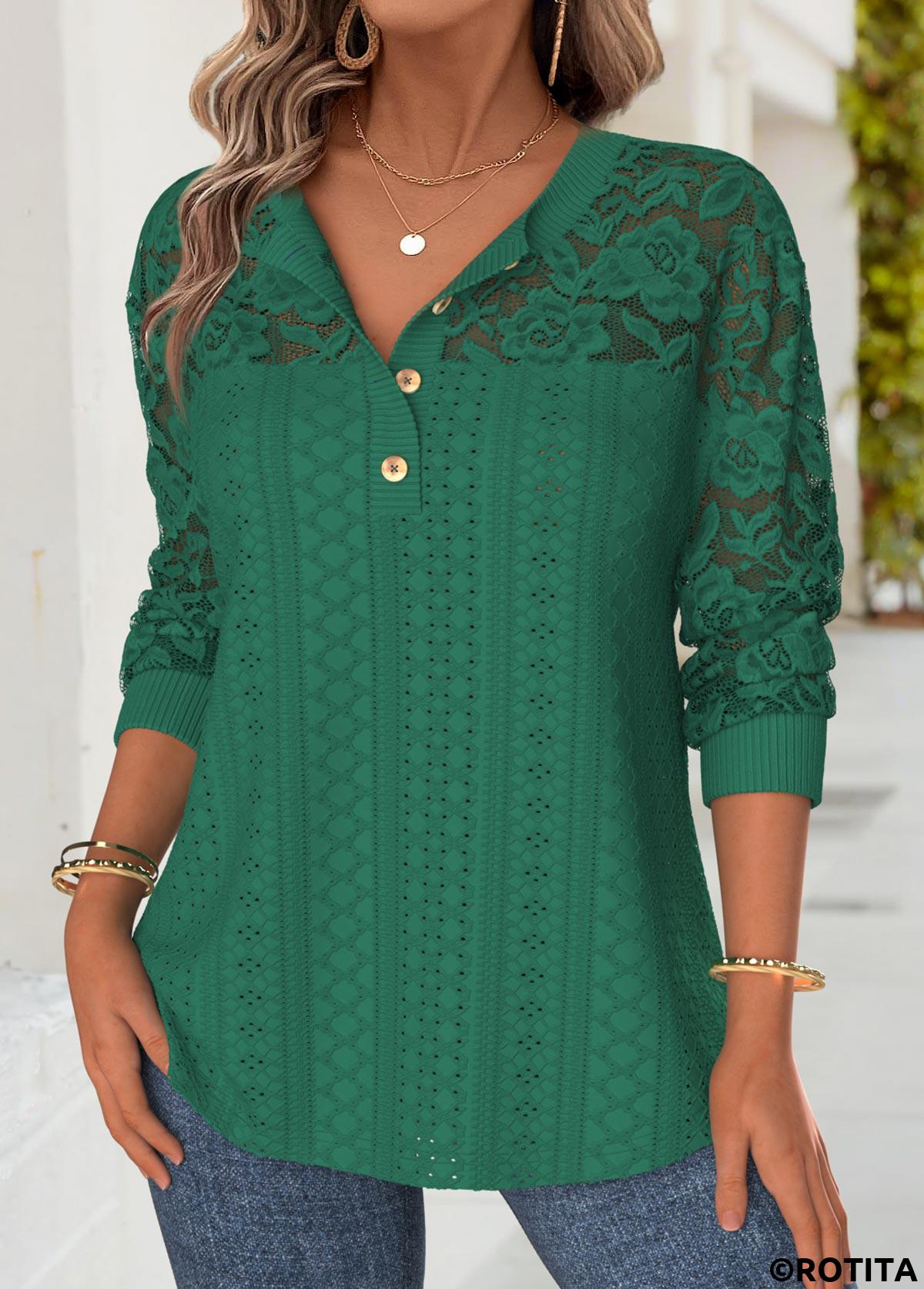 Green tops,Plain Color tops,ROTITA Green Split Neck 3/4 Sleeve T Shirt