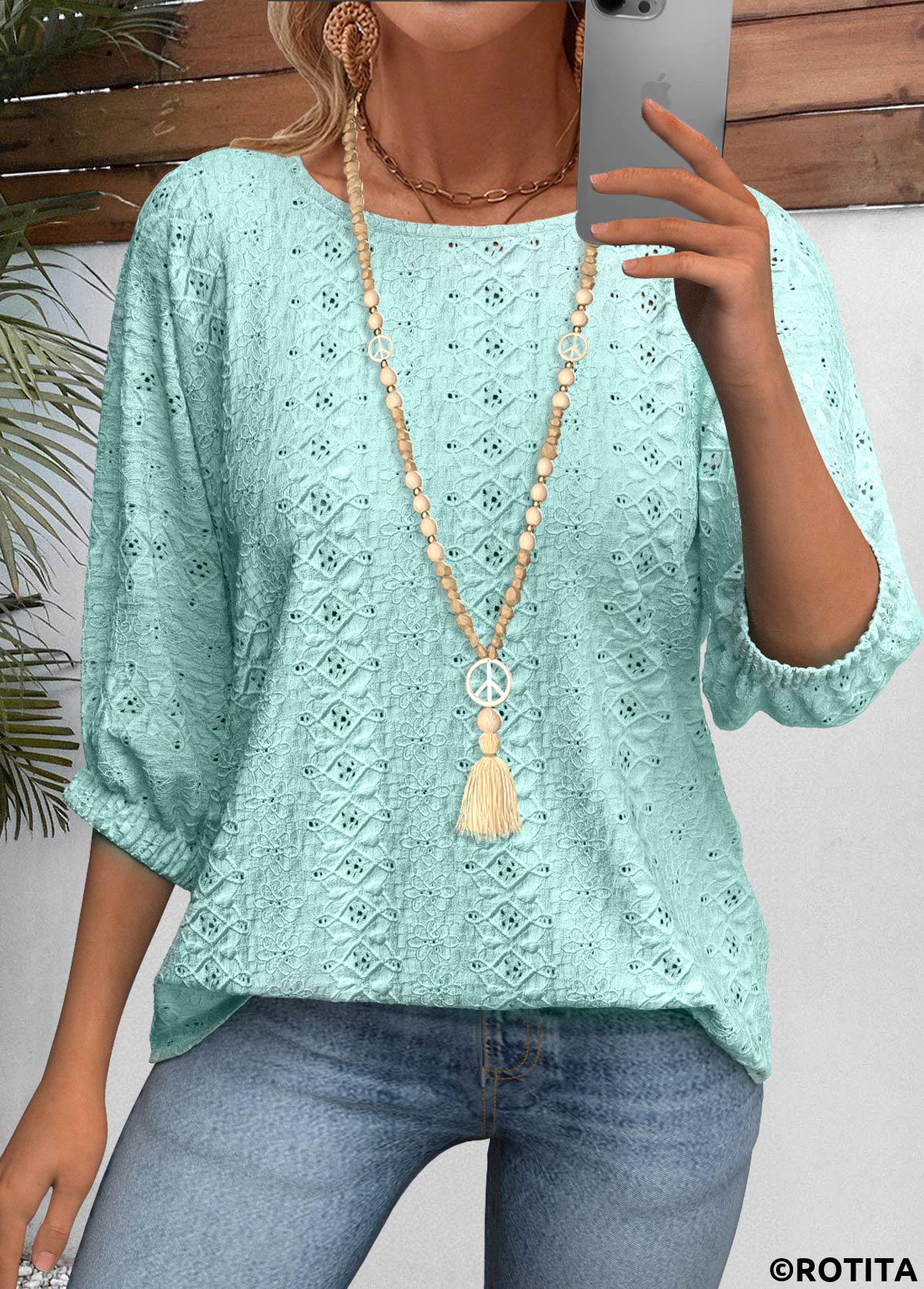 Cyan tops,Plain Color tops,ROTITA Cyan Round Neck 3/4 Sleeve Blouse