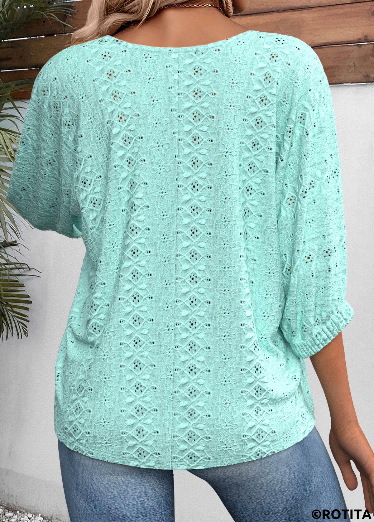 Cyan tops,Plain Color tops,ROTITA Cyan Round Neck 3/4 Sleeve Blouse