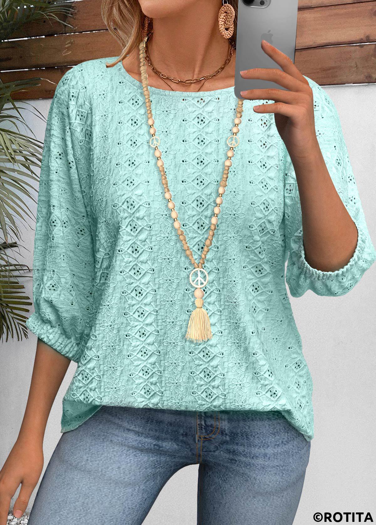 Cyan tops,Plain Color tops,ROTITA Cyan Round Neck 3/4 Sleeve Blouse