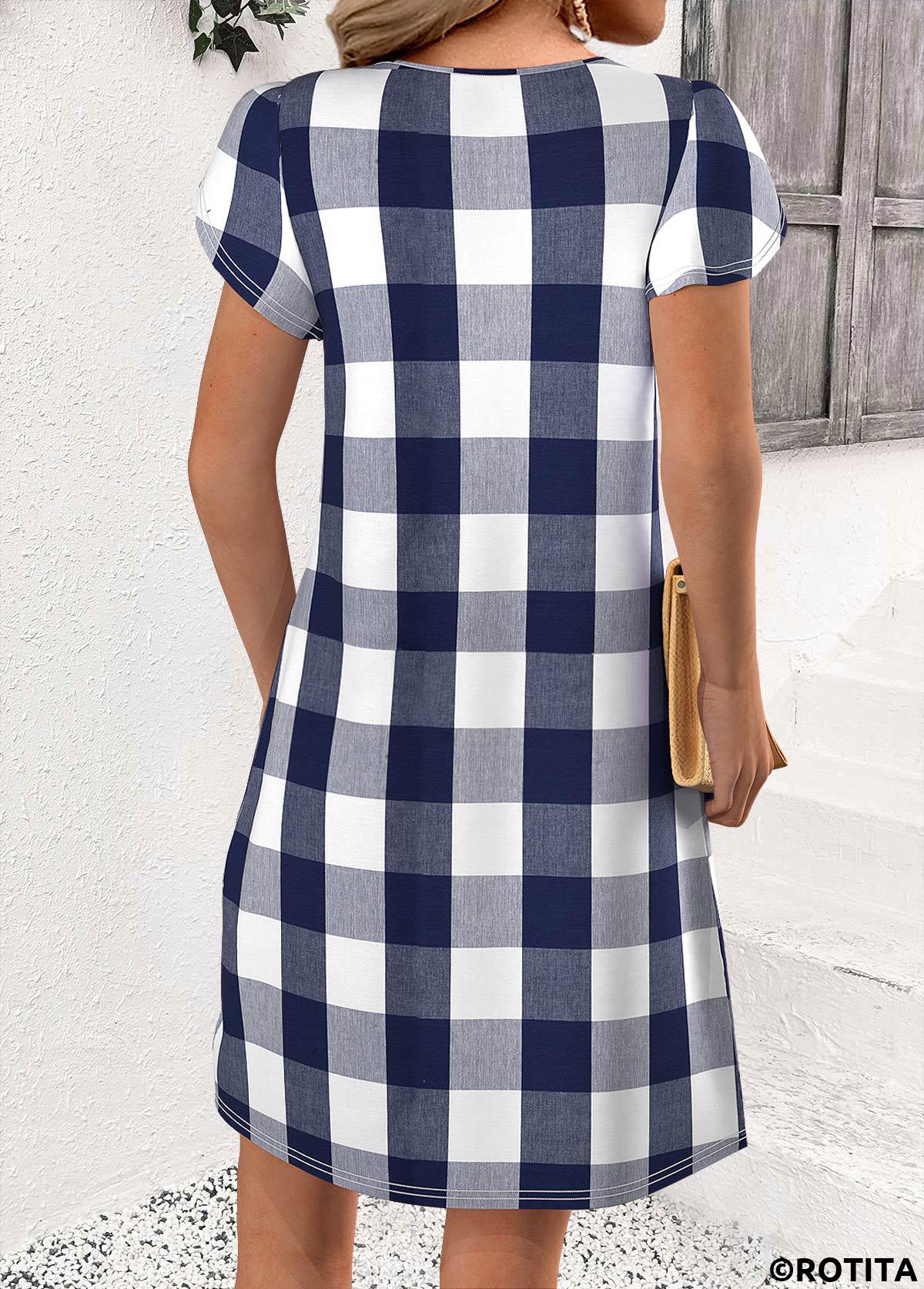 Blue dresses,Plaid dresses,Geometric dresses,Everyday dresses,Casual dresses,ROTITA Plaid Blue Short Split Neck Dress
