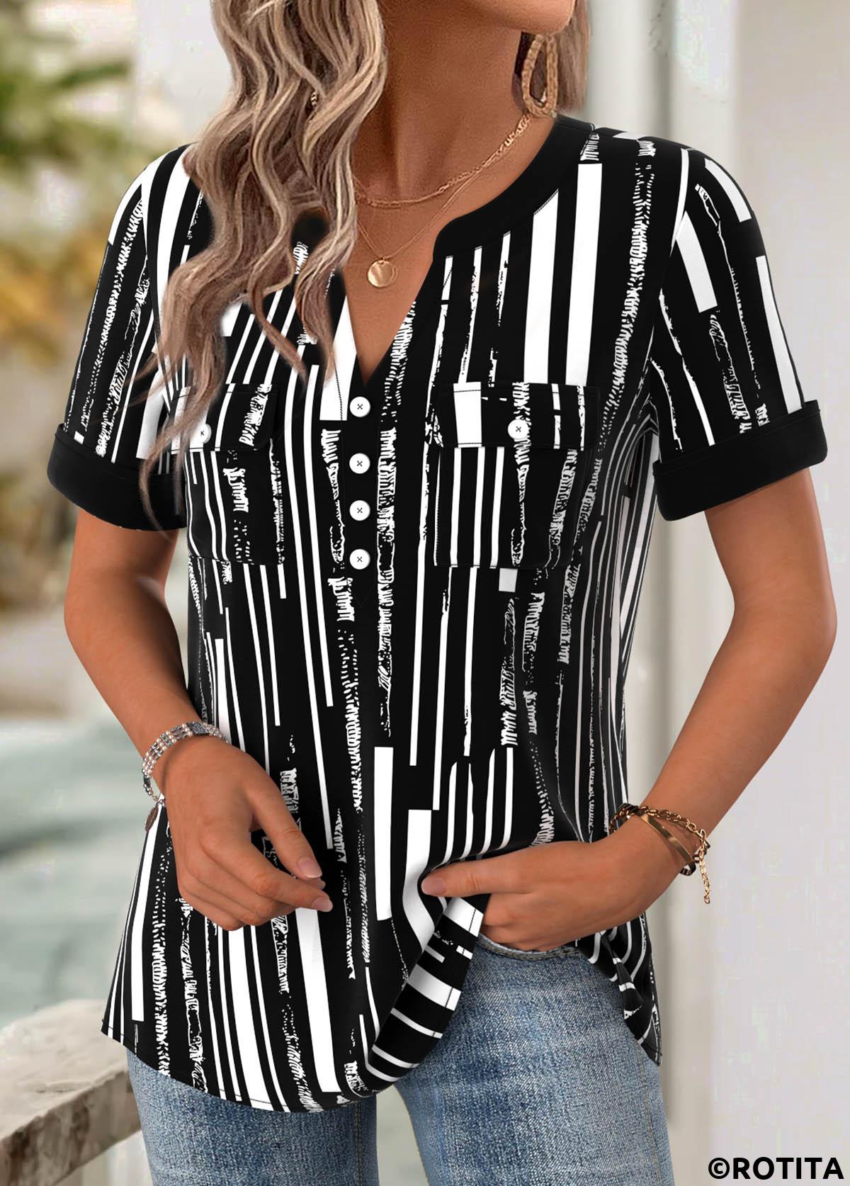 Black tops,Geometric tops,ROTITA Geometric Print Black Split Neck Short Sleeve Blouse