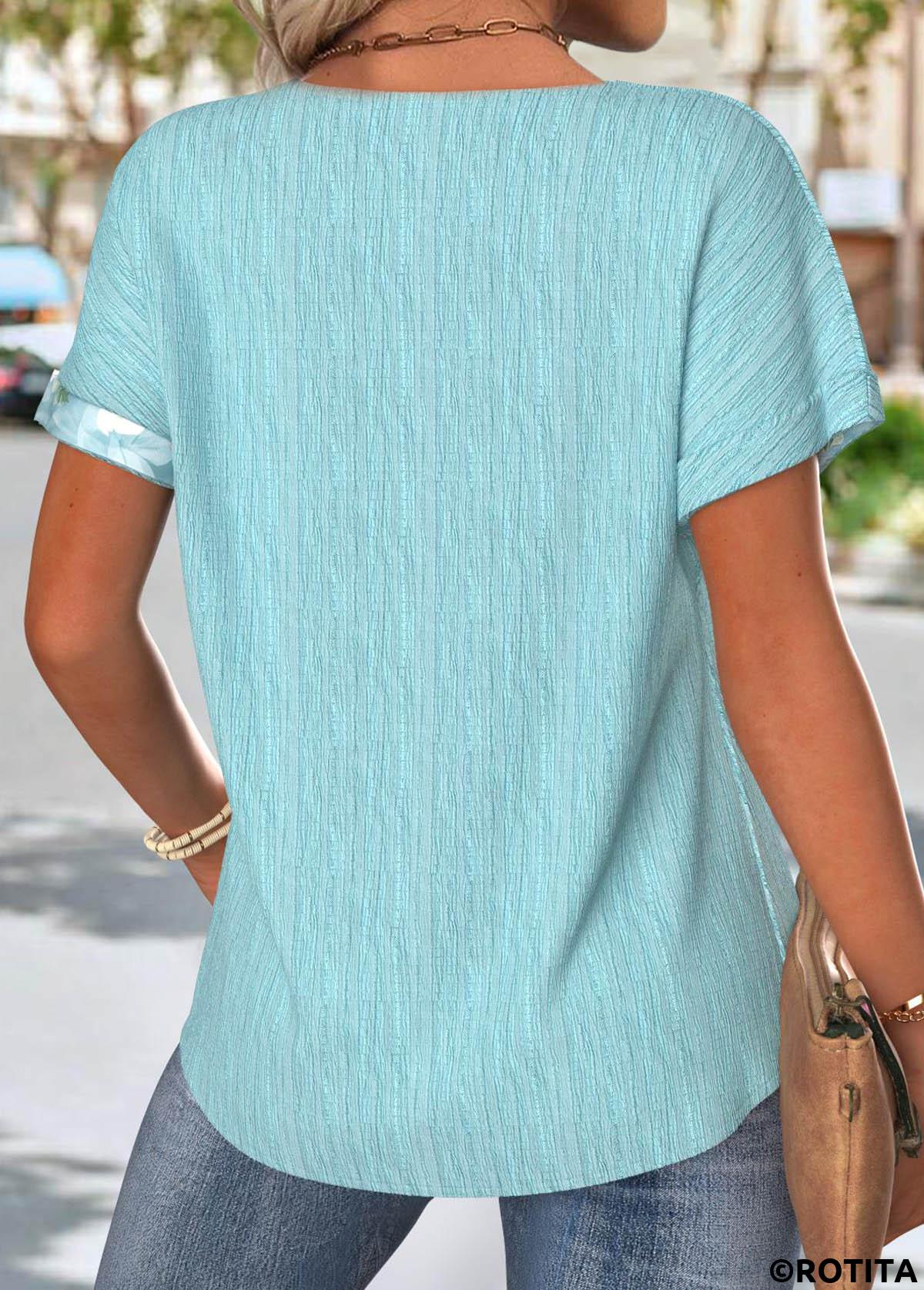 Blue tops,Floral tops,Plants tops,ROTITA Floral Print Blue Round Neck Short Sleeve T Shirt