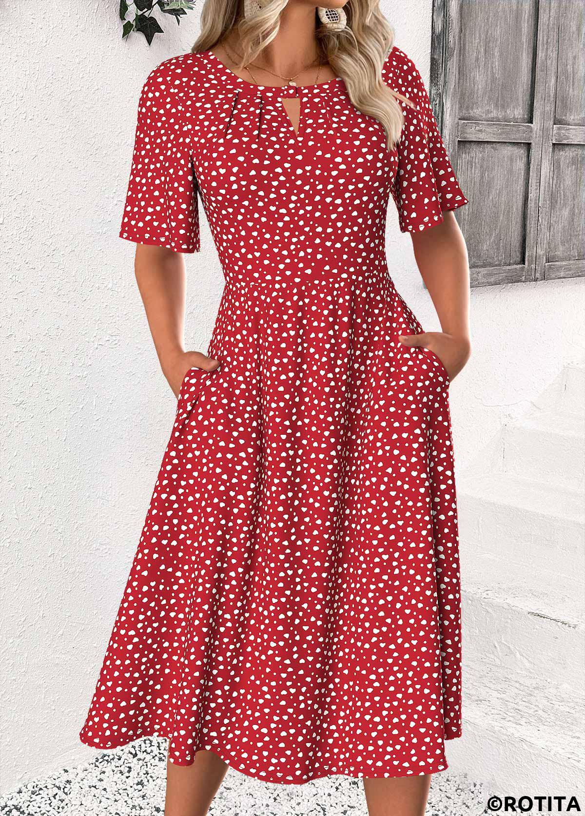 Red dresses,Dot dresses,Everyday dresses,Casual dresses,ROTITA Polka Dot Red Round Neck Short Sleeve Dress