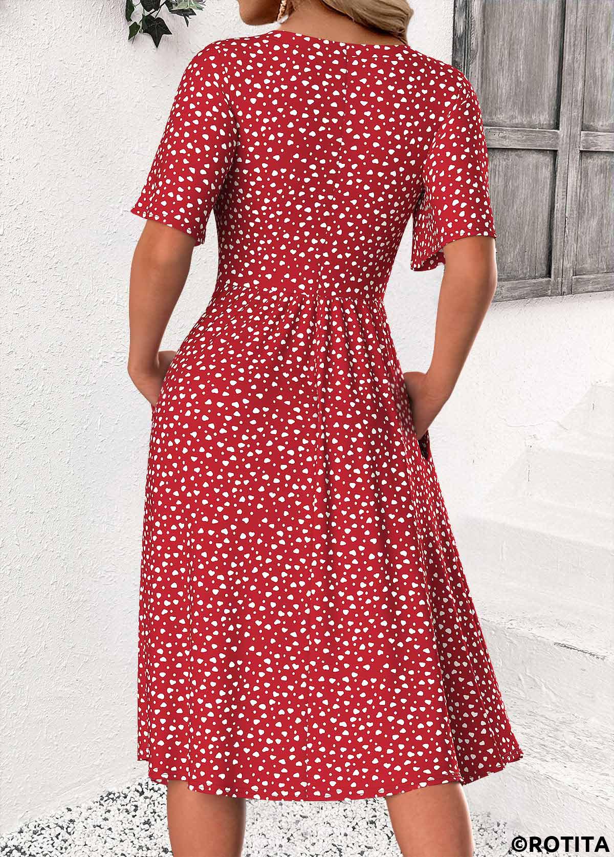 Red dresses,Dot dresses,Everyday dresses,Casual dresses,ROTITA Polka Dot Red Round Neck Short Sleeve Dress
