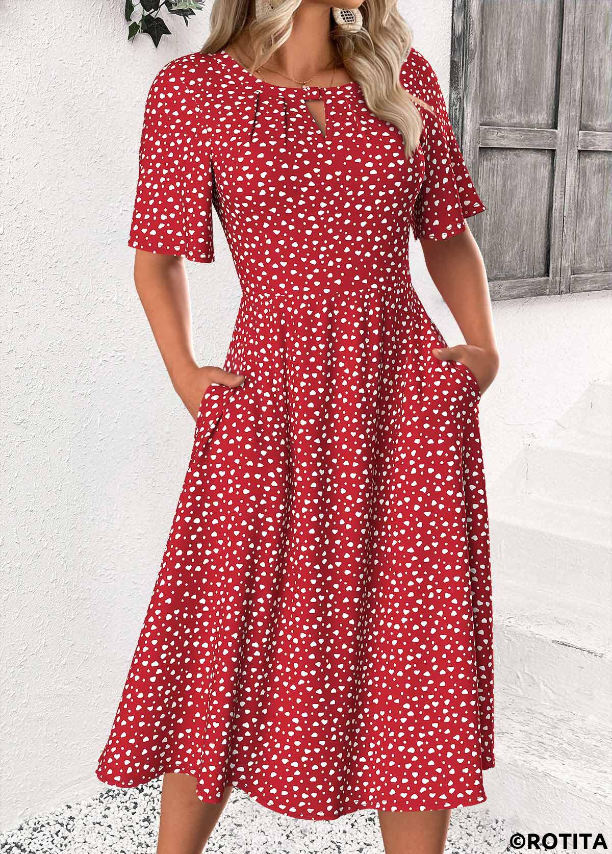 Red dresses,Dot dresses,Everyday dresses,Casual dresses,ROTITA Polka Dot Red Round Neck Short Sleeve Dress
