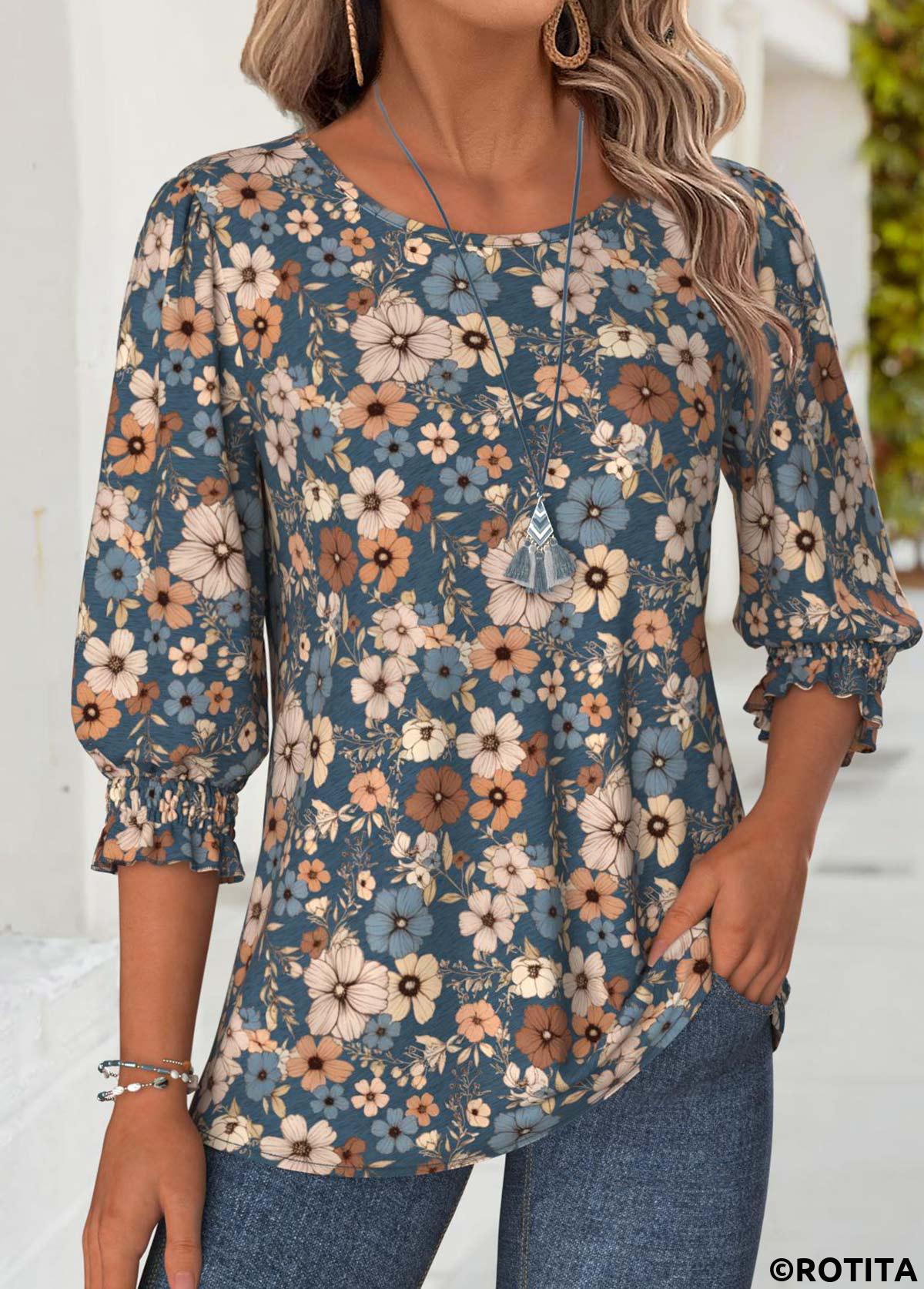 Multi Color tops,Floral tops,Plants tops,ROTITA Floral Print Multi Color Round Neck 3/4 Sleeve Blouse