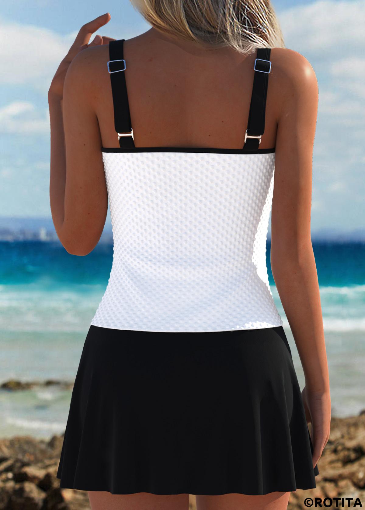 White swimwear,Contrast Color swimwear,ROTITA Mid Waisted White V-Neck Tankini Set
