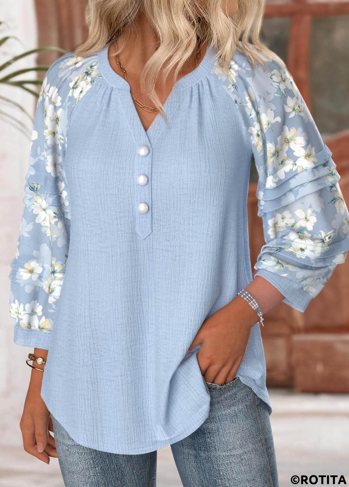 Blue tops,Floral tops,Plants tops,ROTITA Floral Print Blue Split Neck 3/4 Sleeve Blouse