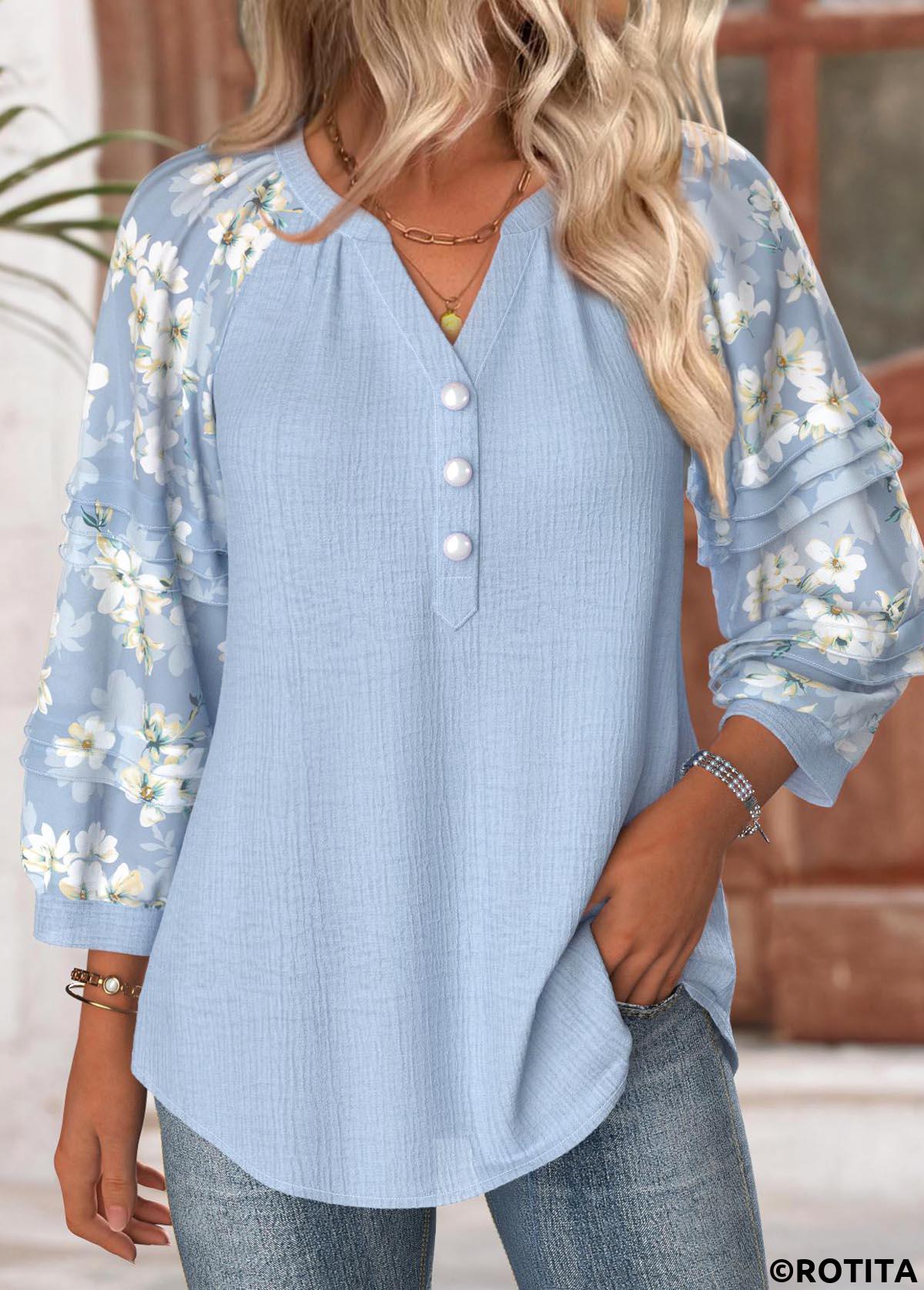 Blue tops,Floral tops,Plants tops,ROTITA Floral Print Blue Split Neck 3/4 Sleeve Blouse