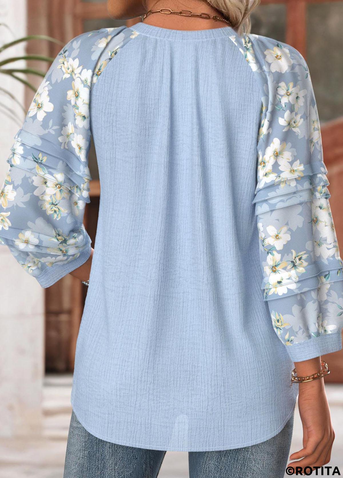 Blue tops,Floral tops,Plants tops,ROTITA Floral Print Blue Split Neck 3/4 Sleeve Blouse