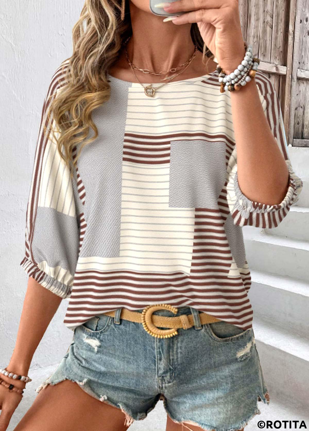 Light Coffee tops,Geometric tops,ROTITA Geometric Print Light Coffee Round Neck 3/4 Sleeve Blouse