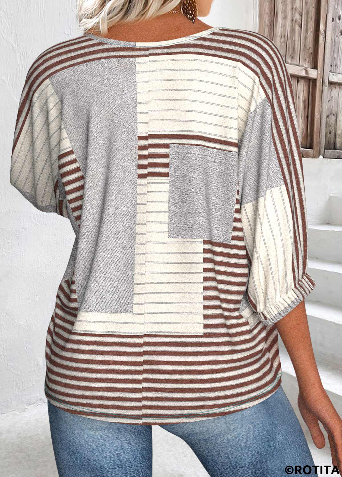 Light Coffee tops,Geometric tops,ROTITA Geometric Print Light Coffee Round Neck 3/4 Sleeve Blouse