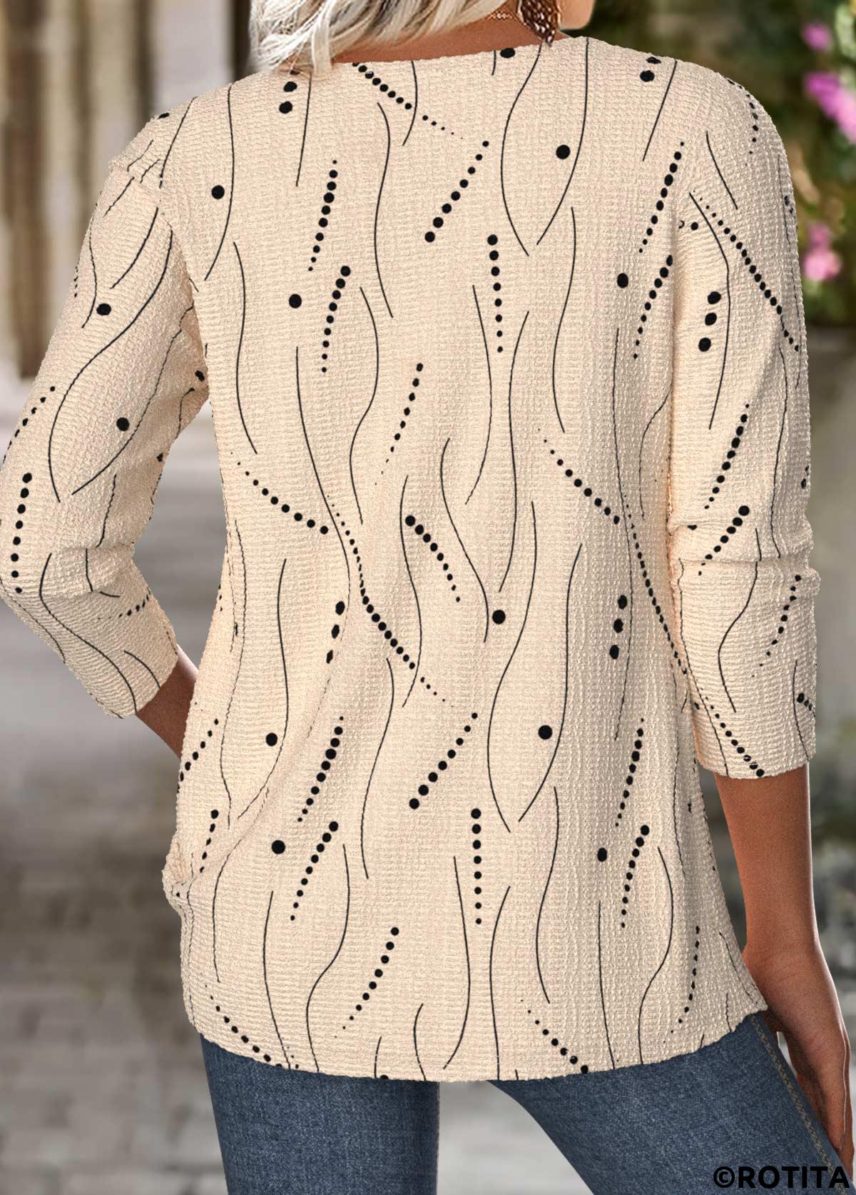 Light Camel tops,Dot tops,ROTITA Polka Dot Light Camel Split Neck T Shirt