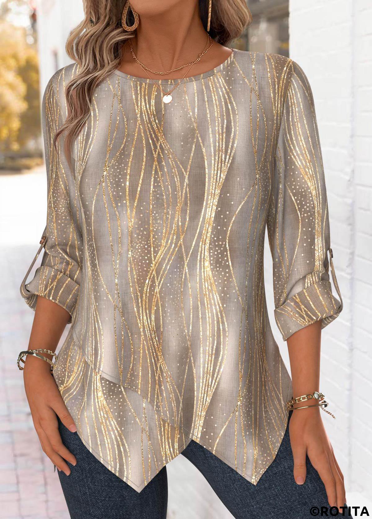 Gray Brown tops,Ombre tops,ROTITA Ombre Gray Brown Round Neck Long Sleeve Blouse