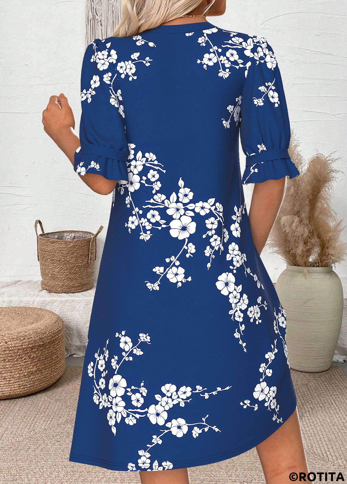 Navy dresses,Floral dresses,Plants dresses,Everyday dresses,Casual dresses,ROTITA Floral Print Navy Short Split Neck Half Sleeve Dress