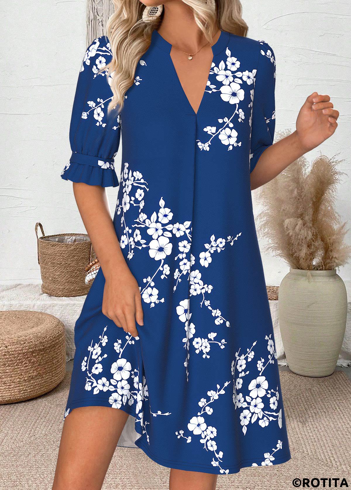 Navy dresses,Floral dresses,Plants dresses,Everyday dresses,Casual dresses,ROTITA Floral Print Navy Short Split Neck Half Sleeve Dress