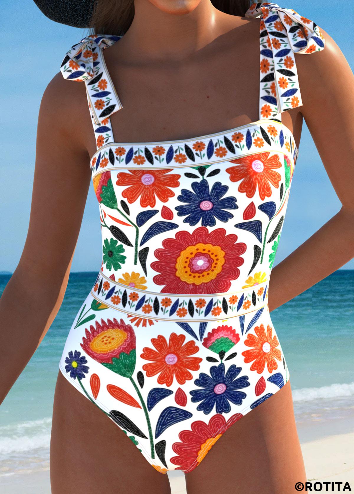 Multi Color swimwear,Plants swimwear,Floral swimwear,ROTITA Multi Color Random Floral Print One Piece Swimwear