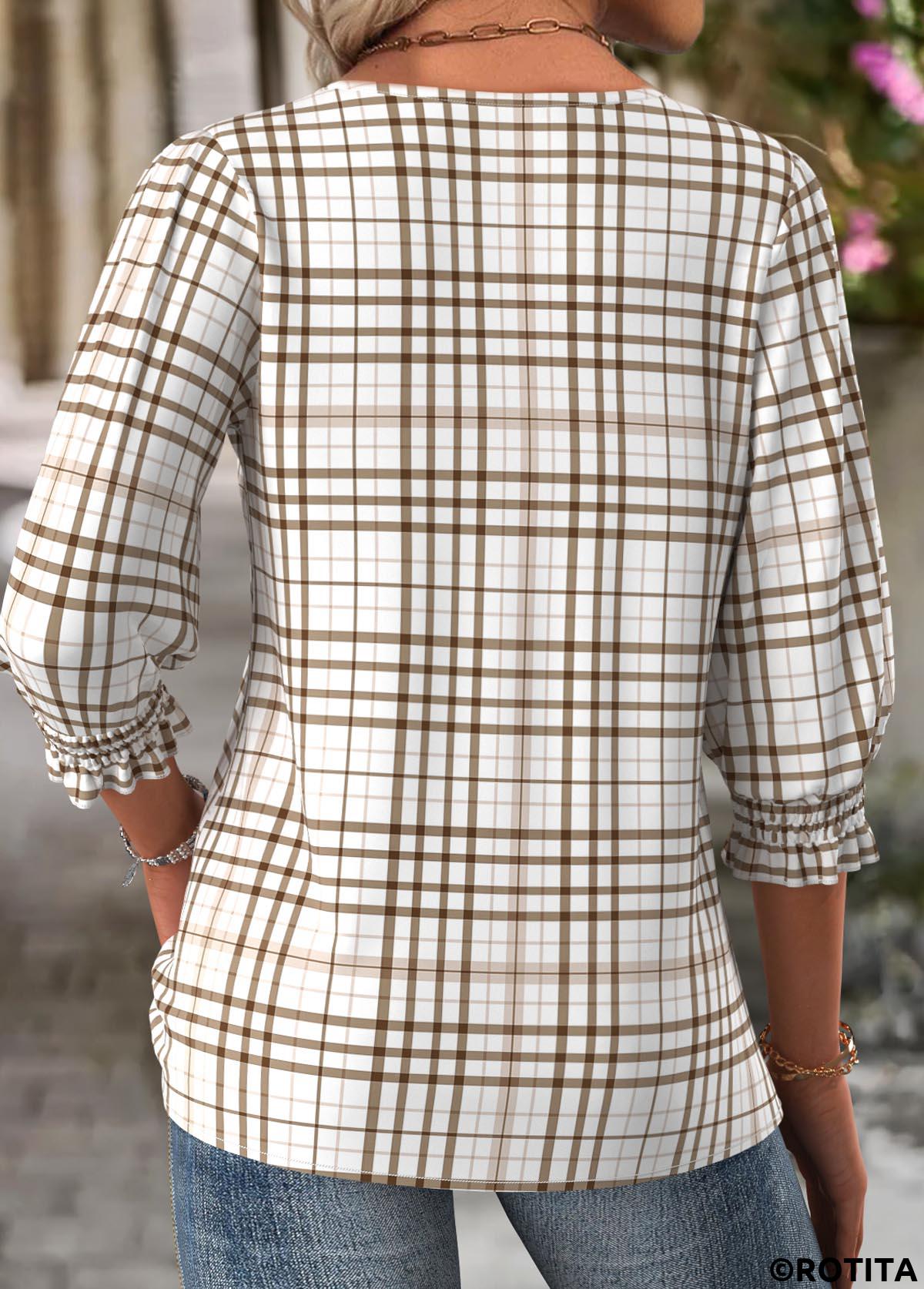 Light Camel tops,Plaid tops,Geometric tops,ROTITA Plaid Light Camel Round Neck 3/4 Sleeve Blouse