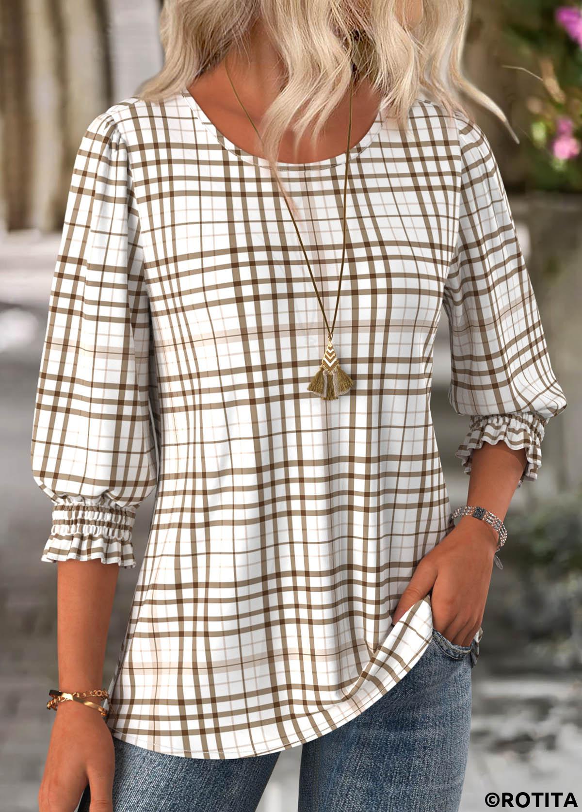 Light Camel tops,Plaid tops,Geometric tops,ROTITA Plaid Light Camel Round Neck 3/4 Sleeve Blouse
