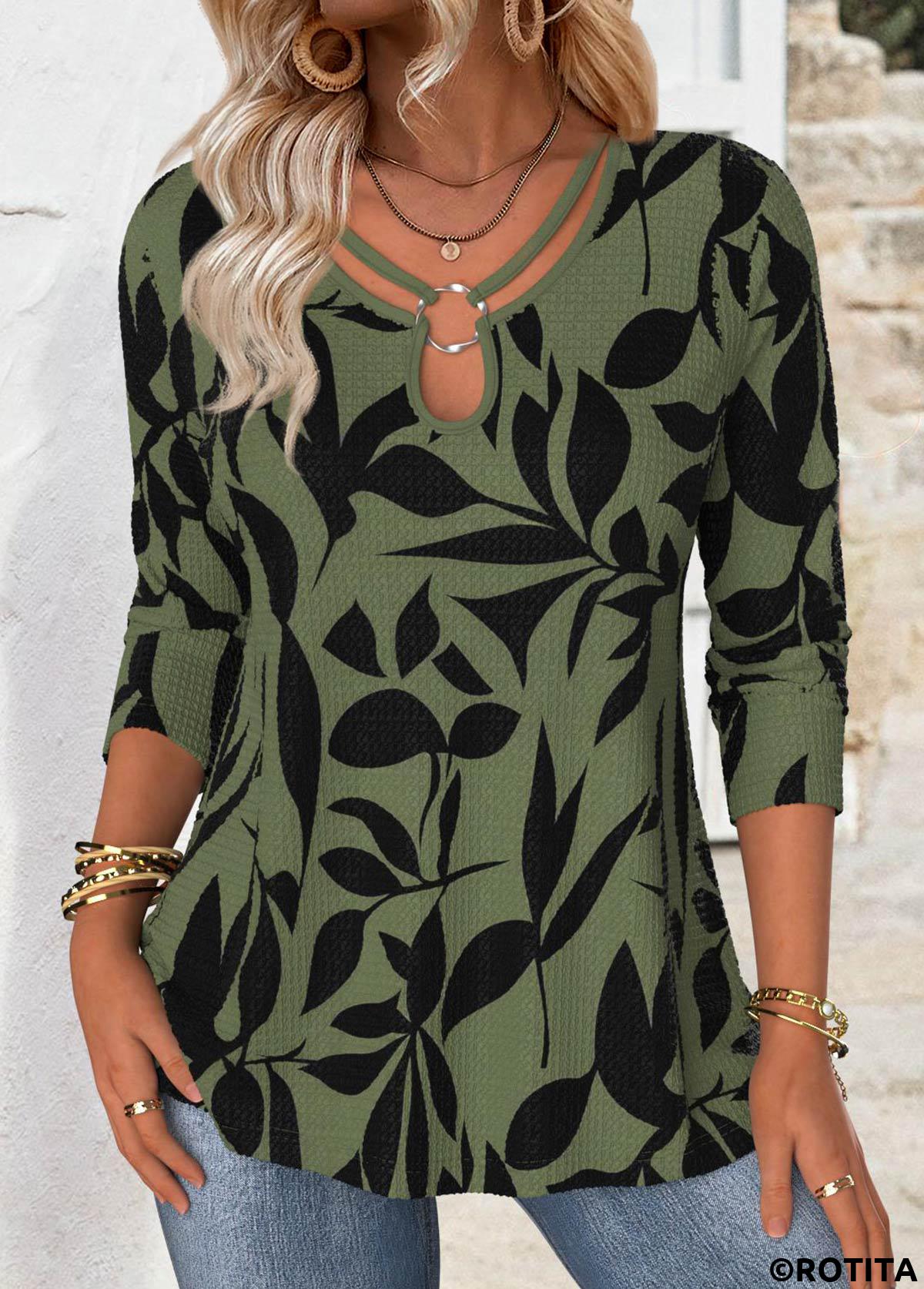 Green tops,Plants tops,ROTITA Leaf Print Green Lace Up Collar T Shirt
