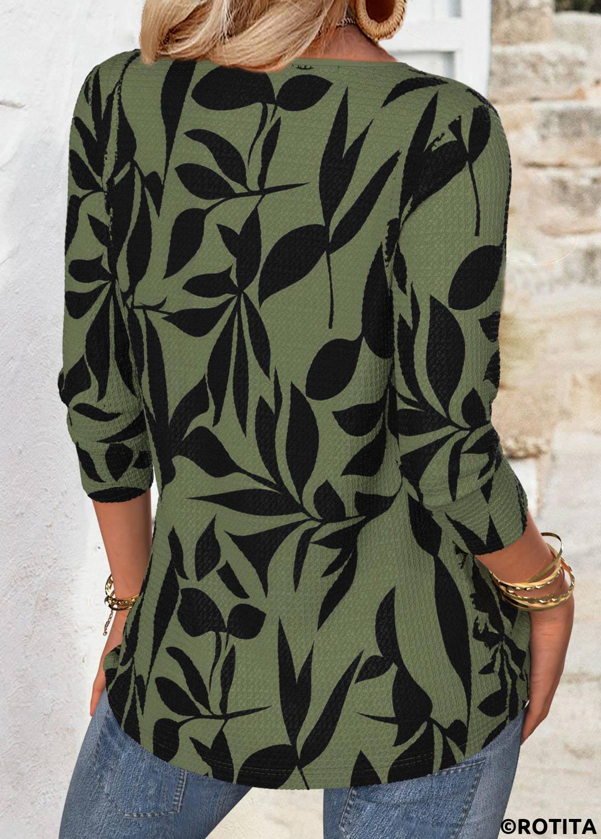 Green tops,Plants tops,ROTITA Leaf Print Green Lace Up Collar T Shirt