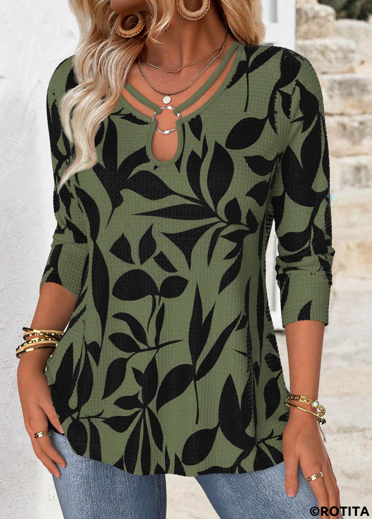 Green tops,Plants tops,ROTITA Leaf Print Green Lace Up Collar T Shirt