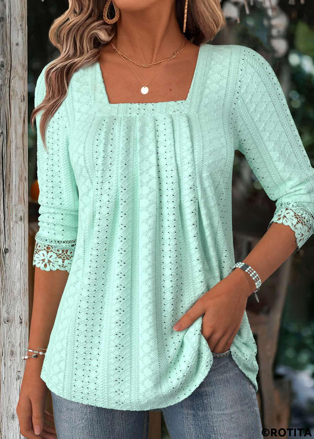 Light Green tops,Plain Color tops,ROTITA Light Green Square Neck Long Sleeve T Shirt