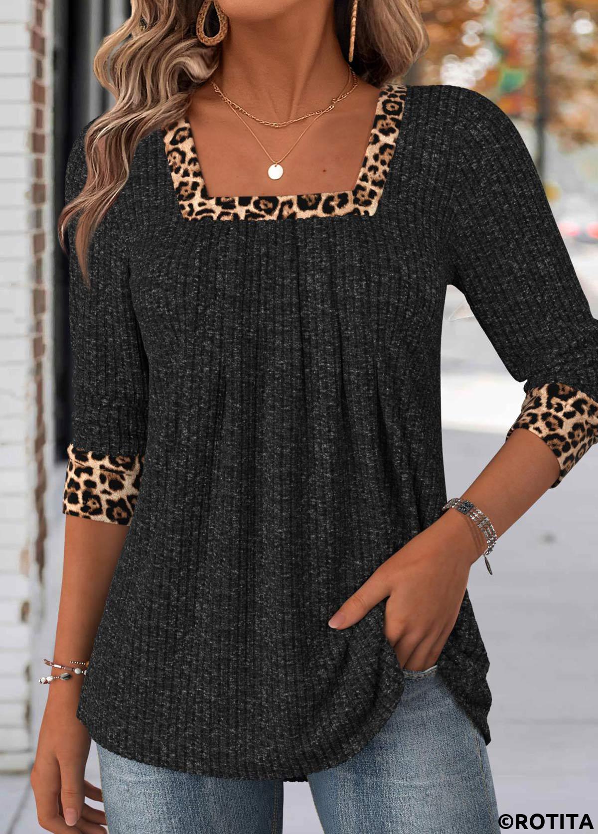 Black tops,Leopard tops,Animal Print tops,ROTITA Leopard Black Square Neck Long Sleeve T Shirt