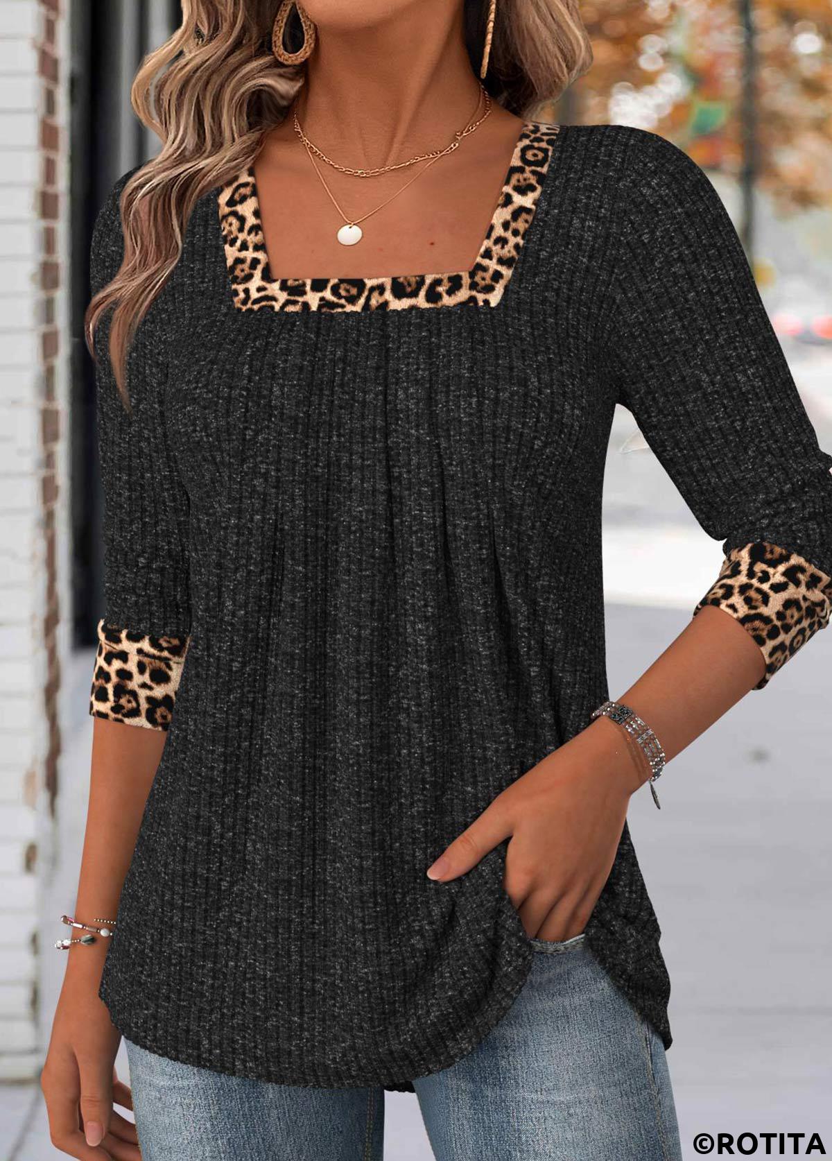 Black tops,Leopard tops,Animal Print tops,ROTITA Leopard Black Square Neck Long Sleeve T Shirt