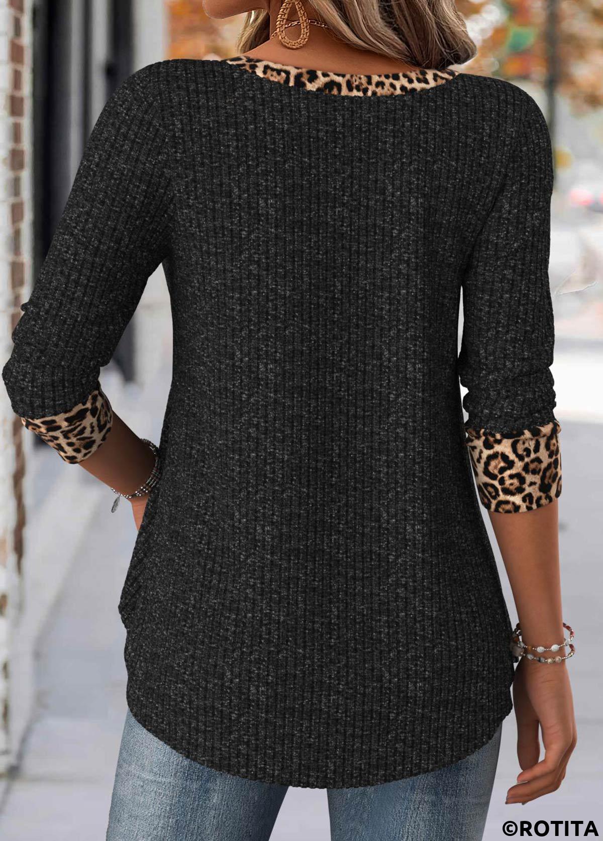 Black tops,Leopard tops,Animal Print tops,ROTITA Leopard Black Square Neck Long Sleeve T Shirt