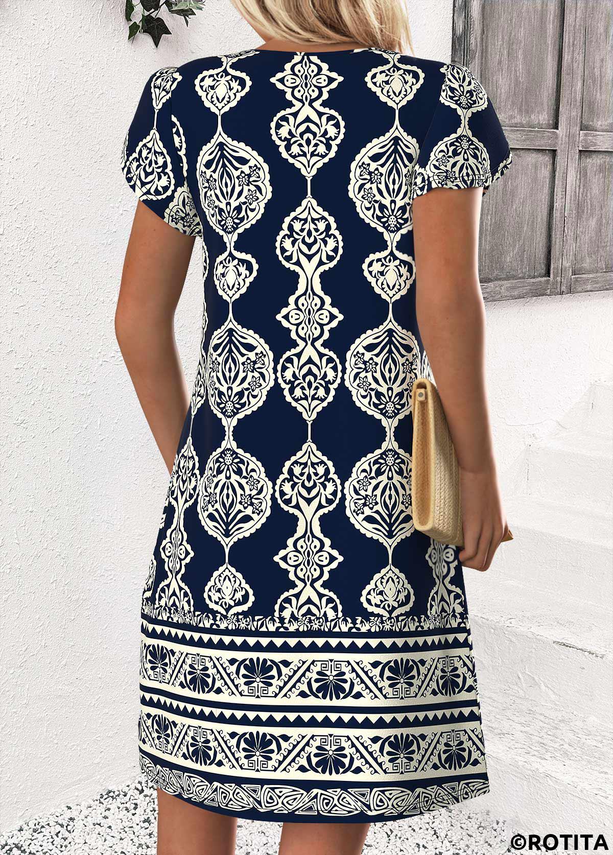 Navy dresses,Tribal dresses,Everyday dresses,Casual dresses,ROTITA Tribal Print Navy Short Split Neck Dress