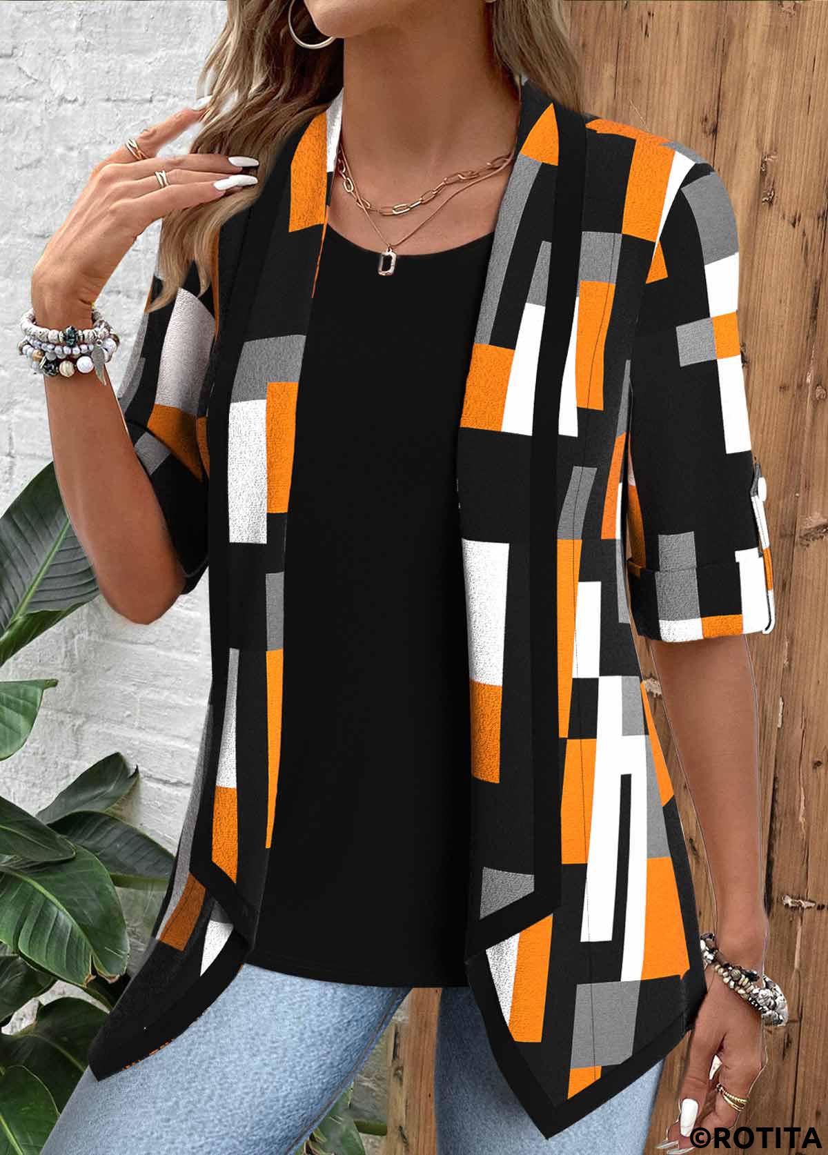 Black tops,Geometric tops,ROTITA Geometric Print Black Square Neck Fake Two Piece Twinset