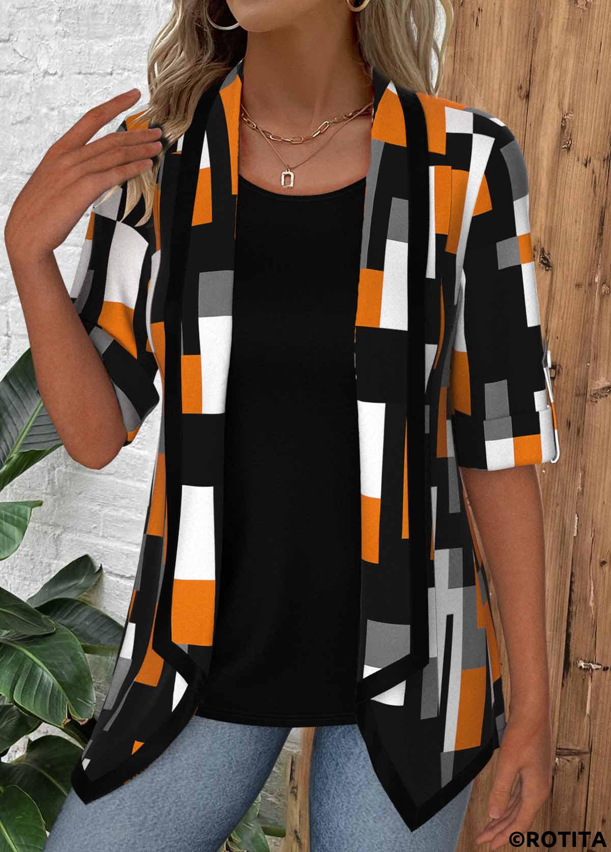 Black tops,Geometric tops,ROTITA Geometric Print Black Square Neck Fake Two Piece Twinset