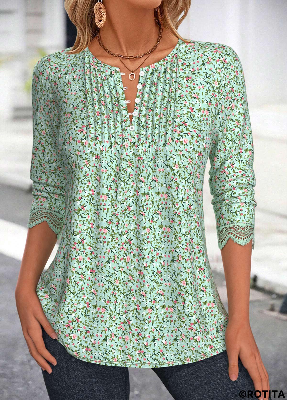 Grass Green tops,Ditsy Floral tops,ROTITA Ditsy Floral Print Grass Green Split Neck Blouse