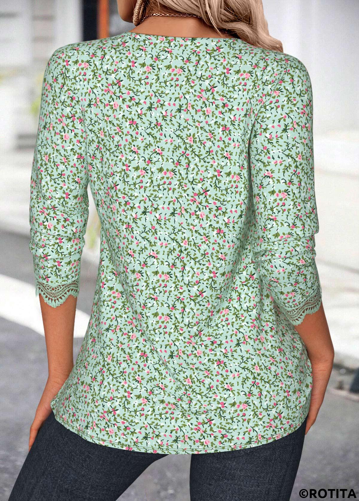 Grass Green tops,Ditsy Floral tops,ROTITA Ditsy Floral Print Grass Green Split Neck Blouse